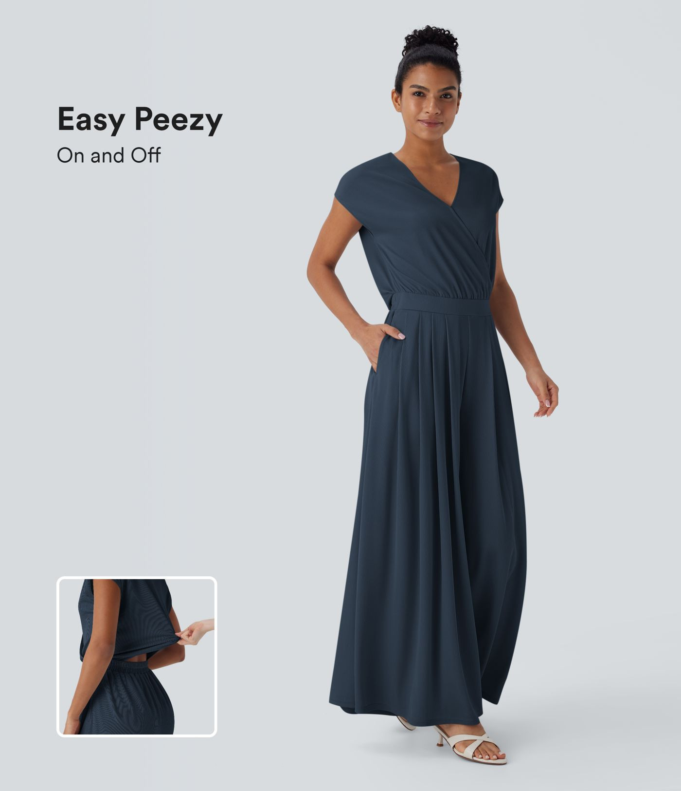 Women\u2019s V Neck Short Sleeve Pocket Wide Leg Flowy Waffle Casual Jumpsuit-Easy Peezy Edition ... | Halara UK