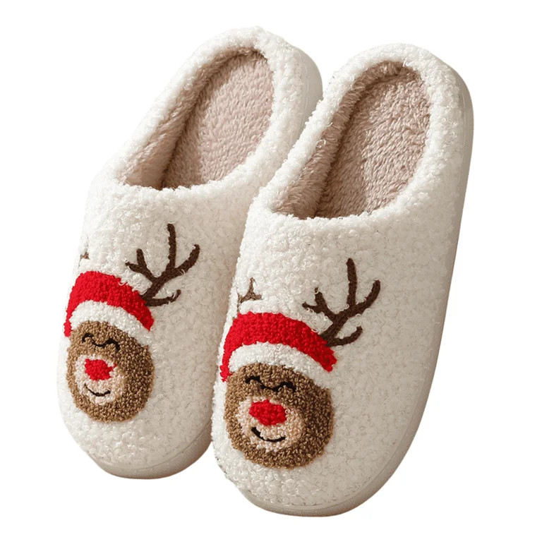 BERANMEY Christmas Reindeer Slippers for Womens Mens Plush Warm Santa Claus Slippers Fuzzy House ... | Walmart (US)