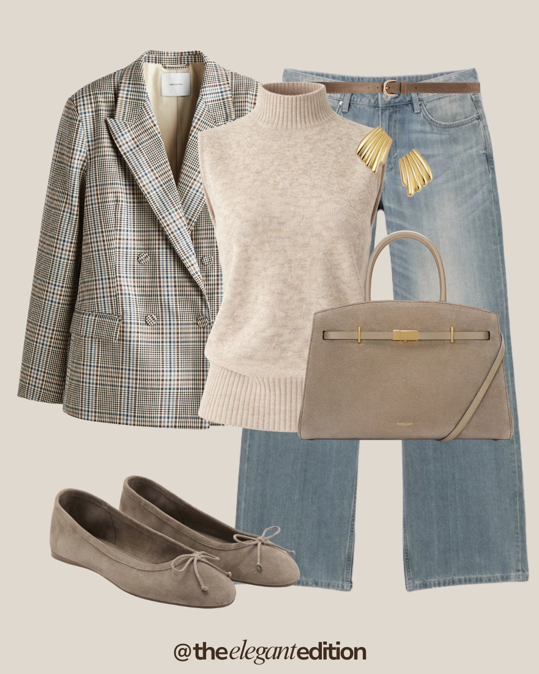 Spring Casual Chic Outfit 🤍🤎
light blue denim straight leg brown leather belt checked plaid blazer oversized double breasted cream knit vest sleeveless turtleneck taupe suede ballet flats bow detail taupe leather handbag structured Demellier style gold hardware gold earrings chunky spring transitional casual chic elegant timeless style
#LTKspring #LTKstyletip #LTKeurope​​​​​​​​​​​​​​​​

#LTKeurope #LTKspring #LTKstyletip