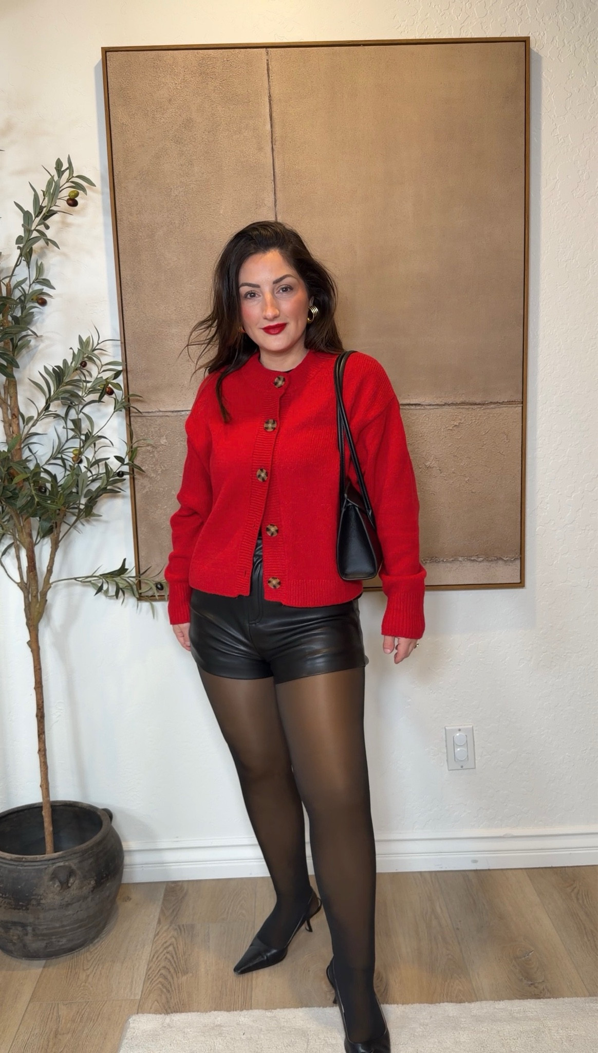 Petite friendly holiday outfit! 
Red cardigan size small petite 
Tee size small petite
 Leather shorts size small

 5’0” 140lbs 



#LTKPetite #LTKootd #LTKHoliday