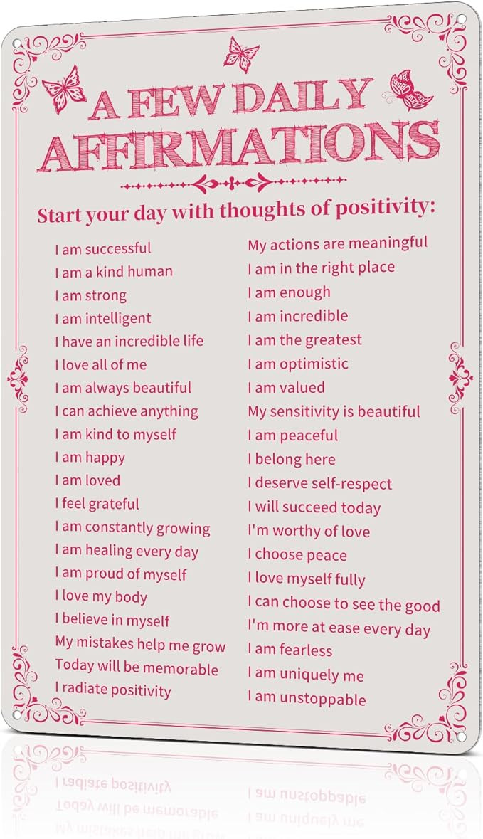 Room Decor Aesthetic A Few Daily Affirmations Motivational Wall Art Tin Metal Sign Pink Butterfly... | Amazon (US)