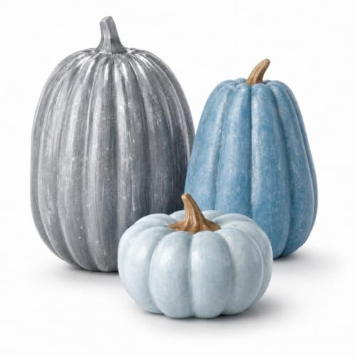 Janinka 3 Pcs Fall Pumpkin Decor Fake Pumpkin Figurines Fall Thanksgiving Pumpkins for Home Decor Farmhouse Harvest Halloween Table Centerpiece (Blue) | Amazon (US)