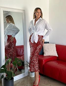 GRACE KARIN Women's Sequin Skirt Elastic High Waist Ruffled Hem Night Out Party Bodycon Midi Skir... | Amazon (US)