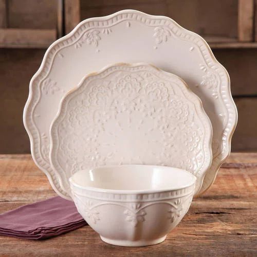 The Pioneer Woman Farmhouse Lace 12-Piece Dinnerware Set, Linen | Walmart (US)