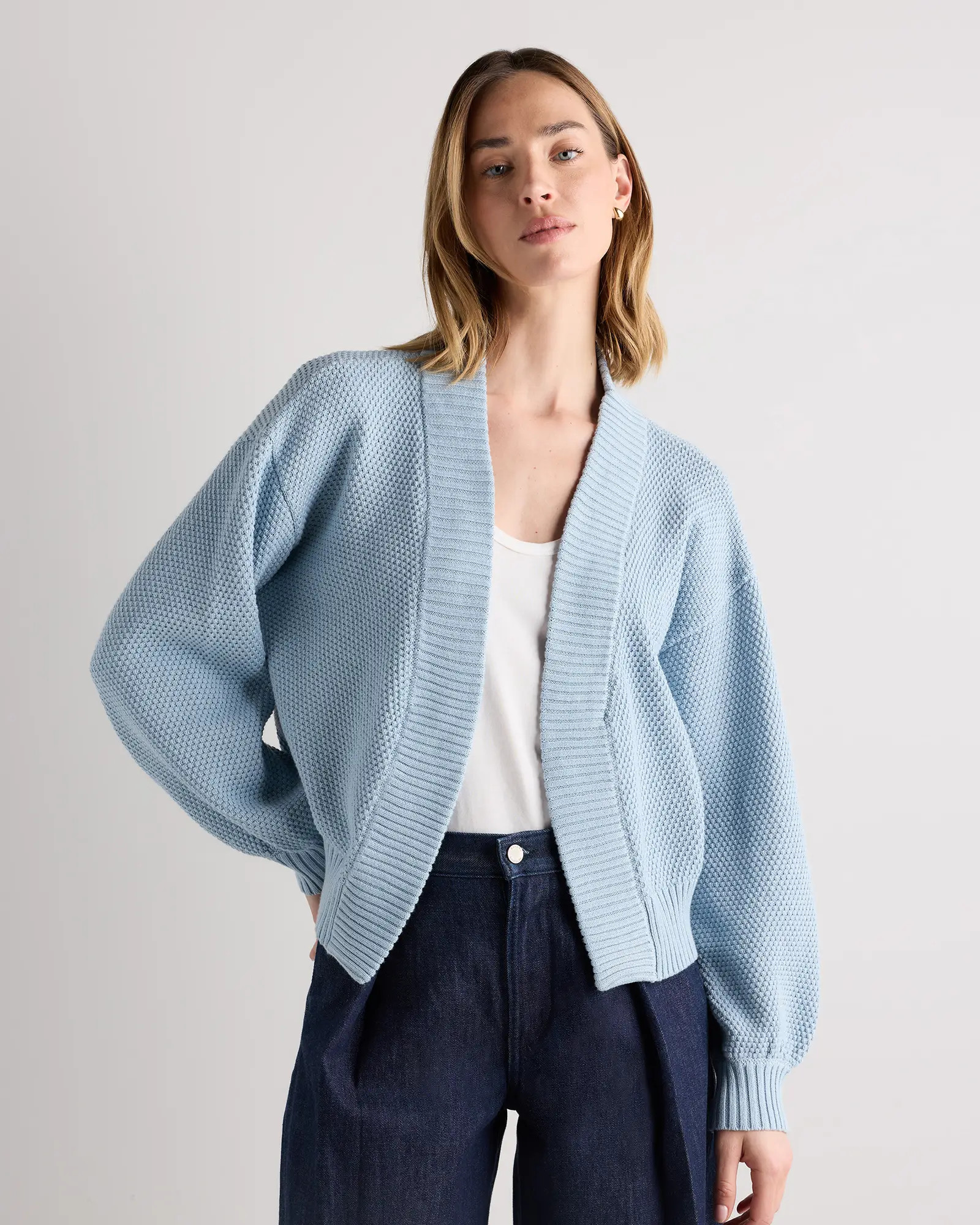 100% Organic Cotton Waffle Stitch Open Cardigan in Sky Blue | Quince