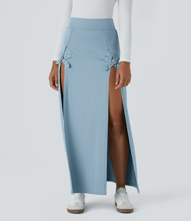 Women’s High Waisted Decorative Buckle Split 2-in-1 Maxi Casual Skirt - Halara | HALARA