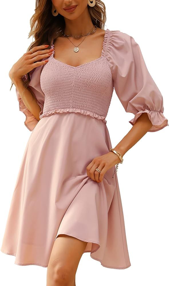 Prettywear Womens Smocked Babydoll Dress 3/4 Puff Sleeves Sexy Off The Shoulder Dress Casual Summ... | Amazon (US)