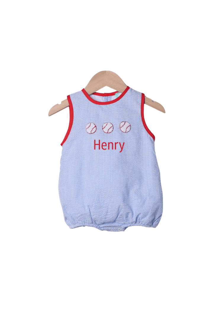 French Knot Baseball Blue Seersucker Bubble | The Smocked Flamingo