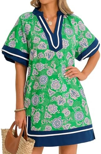 Wenrine Womens Summer Floral Shirt Dresses Puff Sleeve Casual V Neck Color Block Side Slit Loose ... | Amazon (US)