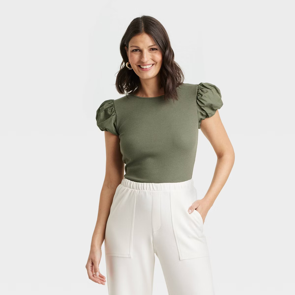 Women's Ribbed Puff Short Sleeve Blouse - A New Day™ | Target