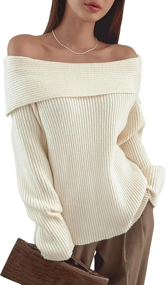 Verdusa Women's Long Sleeve Loose Off Shoulder Sweater Knit Pullovers Jumper Tops | Amazon (US)
