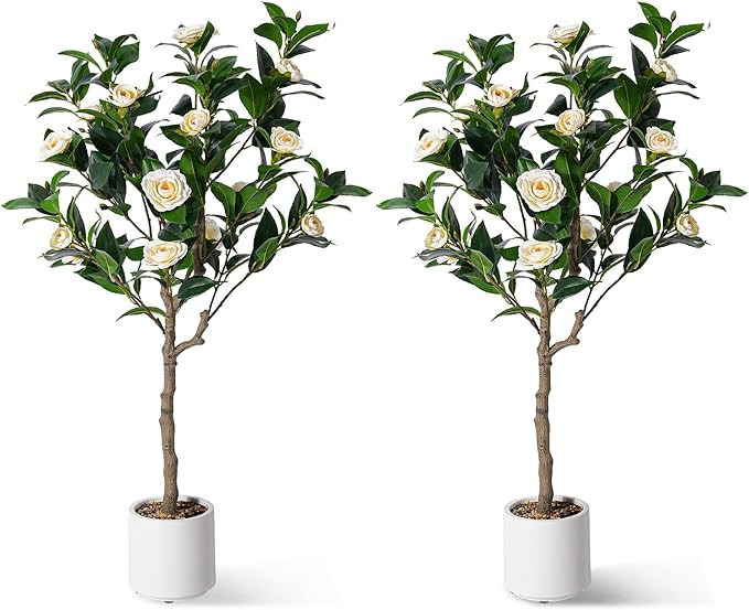 Artificial Camellia Tree 4ft, 2 Pack Indoor Fake Plant with Realistic Trunk, Leaves, Flowers and ... | Amazon (US)