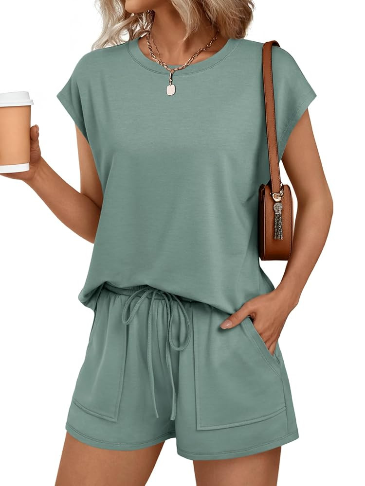 AUTOMET Womens Crew Neck Two Piece short Sets Cap Sleeve Drawstring Summer Sweatsuit with Pocket | Amazon (US)