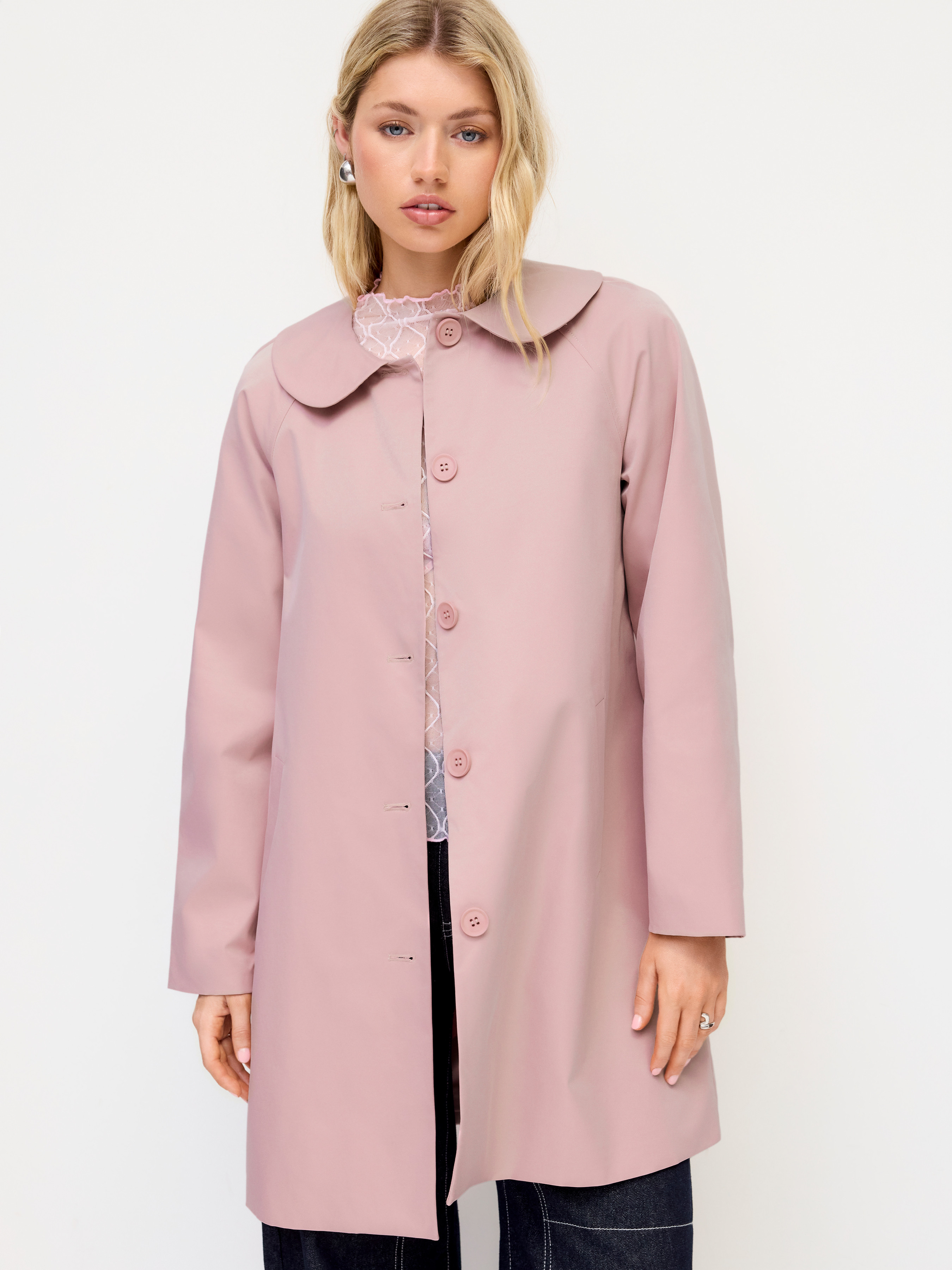 Woven Peter Pan Collar Button Split Long Sleeve Trench Coat For Daily Casual | Cider