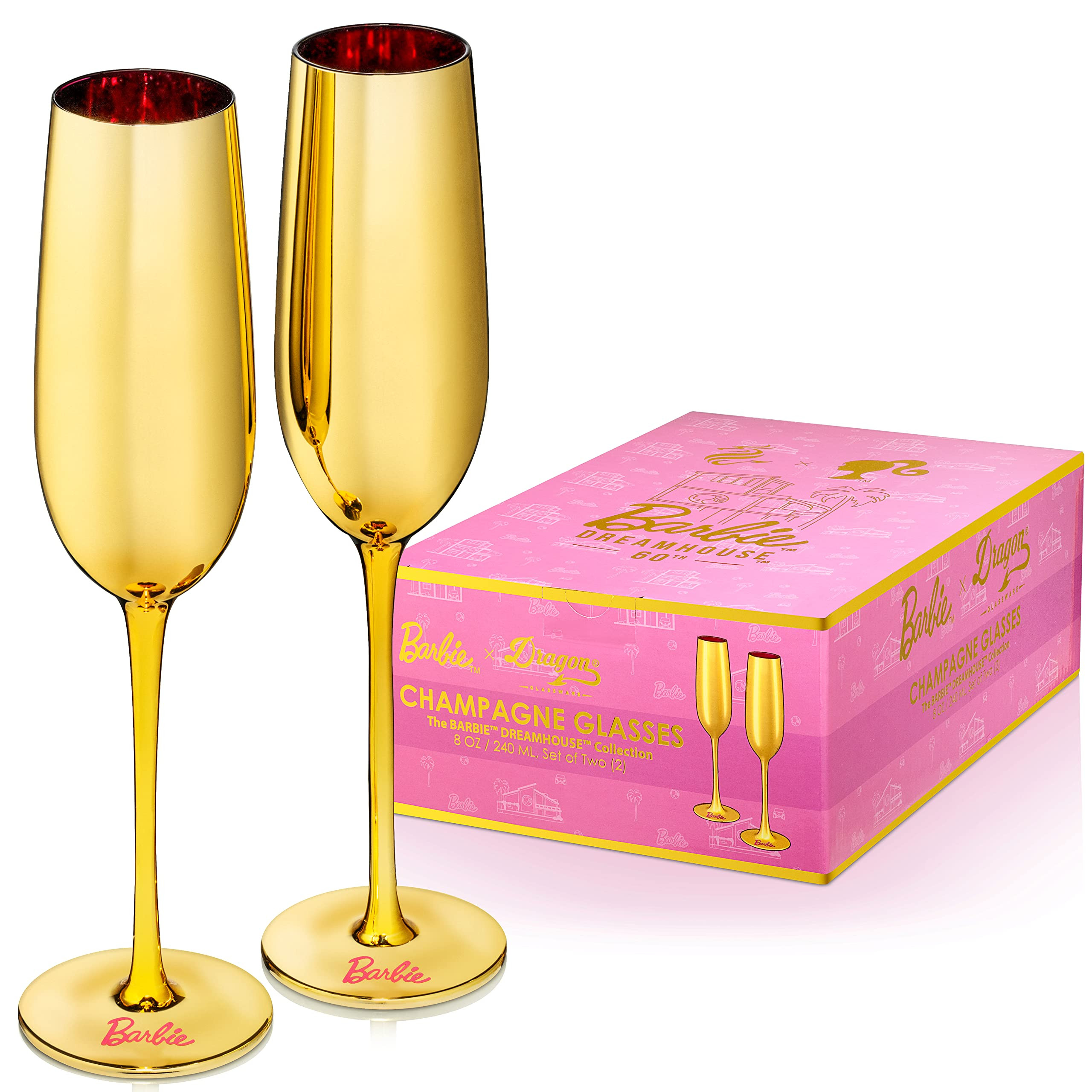 Dragon Glassware x Barbie Champagne Flutes, Barbie Dreamhouse Collection, Gold with Pink Interior... | Amazon (US)