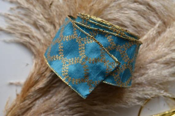 10 Yards Turquoise and Gold 2 1/2 Wired Ribbon - Etsy | Etsy (US)