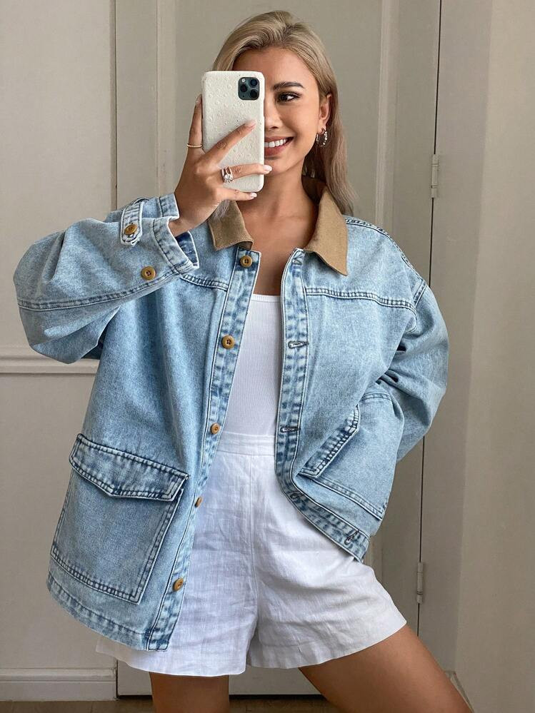 Livesso Women Contrast Color Collar Denim Jacket, Minimalist And Fashionable, Suitable For Summer... | SHEIN