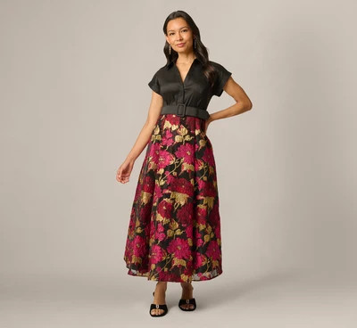 Petite Cap Sleeve Taffeta Floral Jacquard Combo Dress In Black Pink Multi | Adrianna Papell