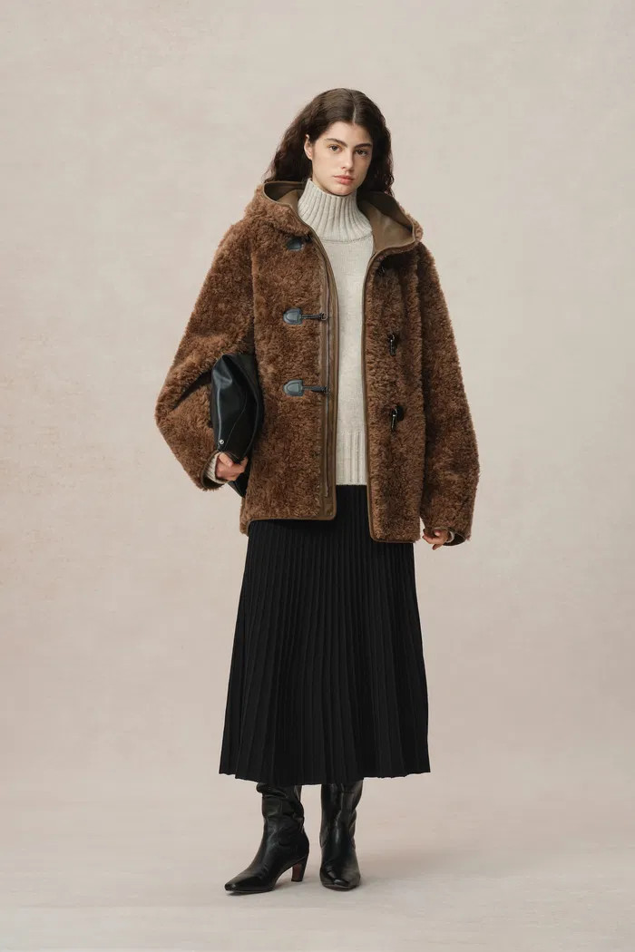 Clémence Shearling Hooded Coat in Vegan Leather and Wool Blend | Fabrique