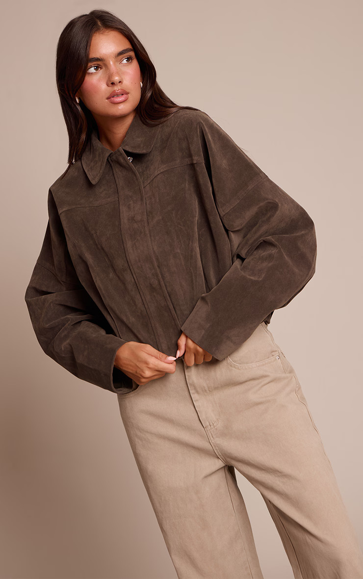 Khaki Faux Suede Covered Placket Bomber Jacket | PrettyLittleThing UK