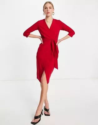 Closet London cropped sleeve wrap midi dress in burgundy | ASOS (Global)