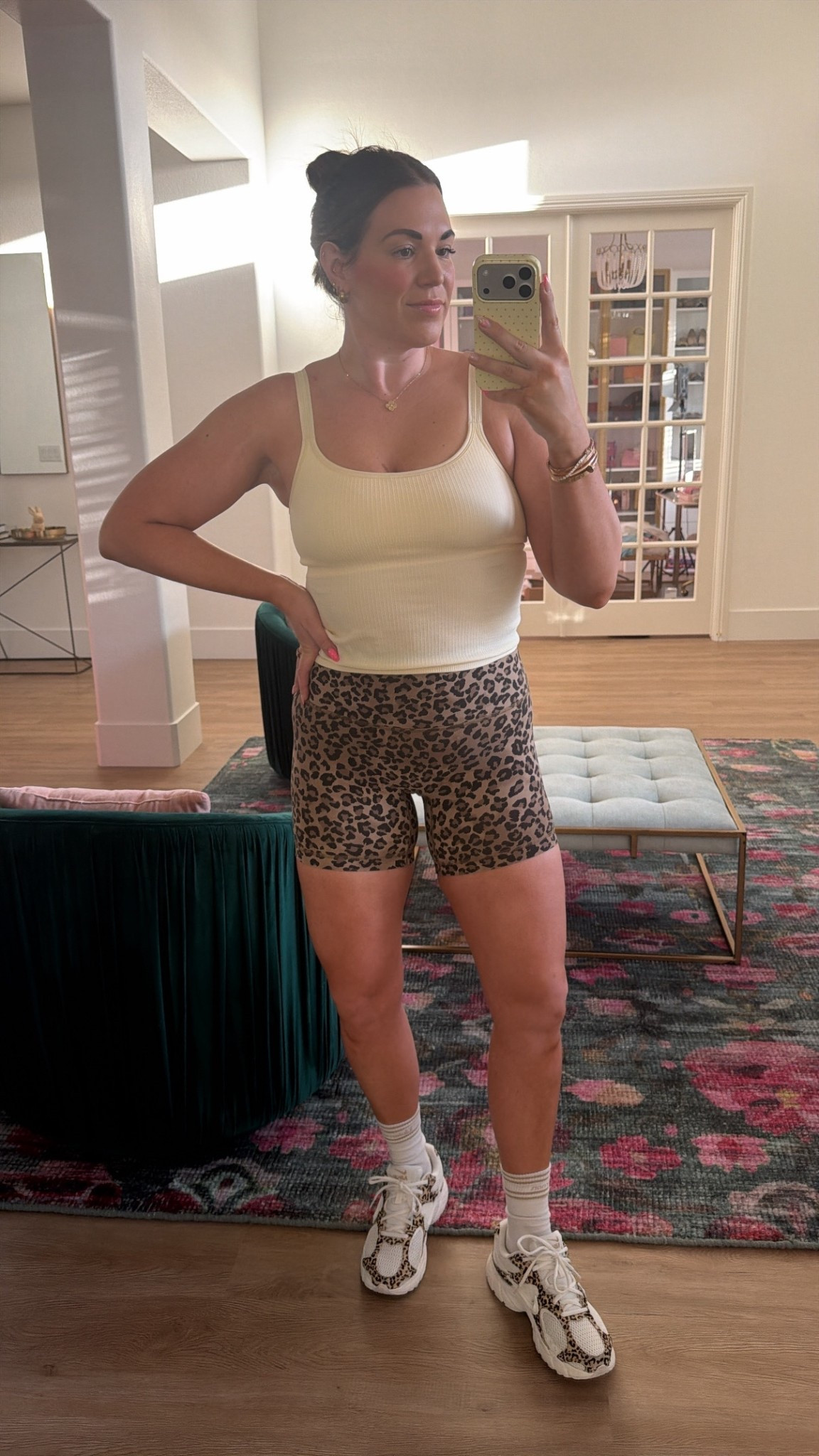 curvy midsize workout look! wearing size 10 in butter yellow tank and size 8 in leopard shorts 

#LTKActive #LTKfitnessgoals #LTKMidsize