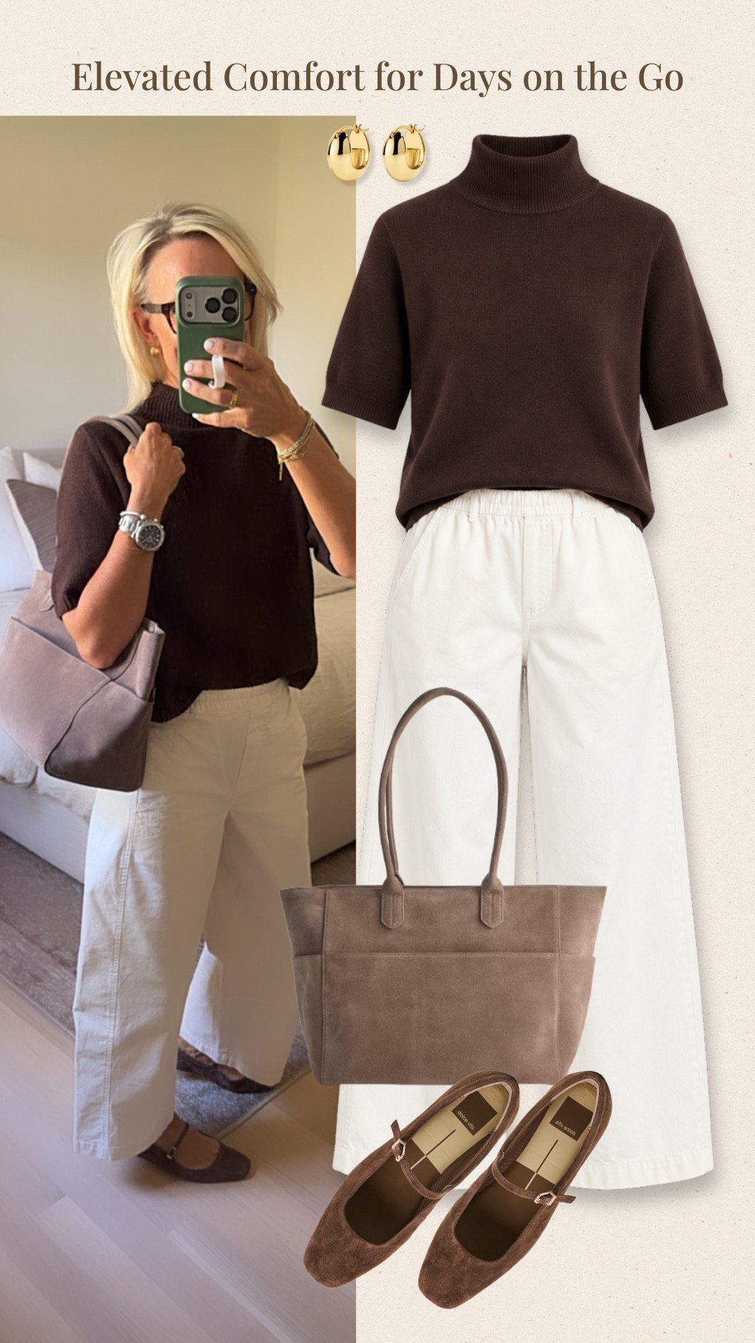 This chocolate brown short-sleeve turtleneck paired with crisp white wide-leg pants is such a simple way to look polished while staying comfortable. I love the tonal brown accessories and Mary Jane flats for an easy outfit that works for days on the go.

#LTKOver40 #LTKgrwm #LTKootd