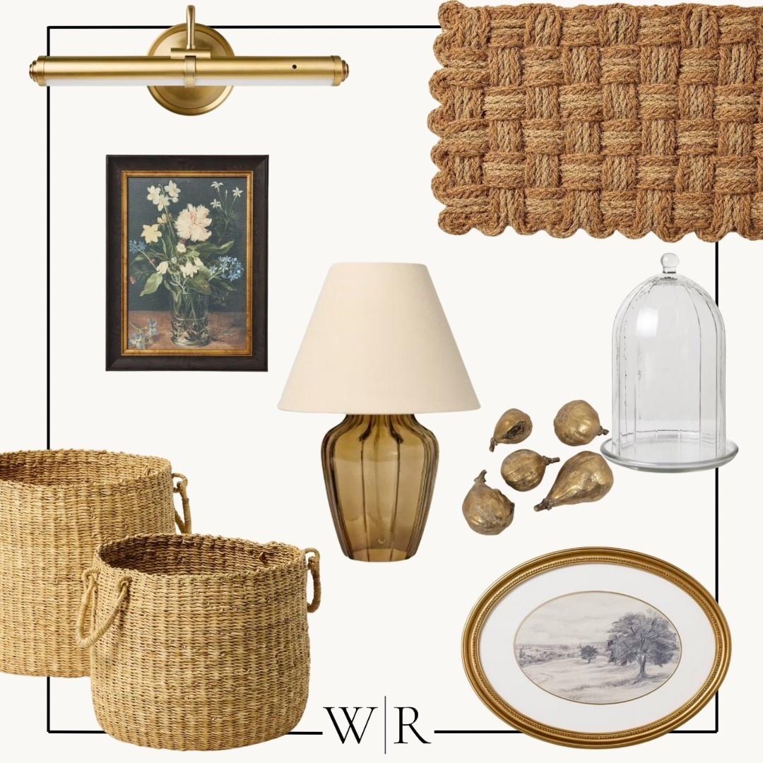 Brass library light.  Braided door mat. Fall neutrals. Moody art work. Brown lamp. Glass cloche. Large Laundry baskets and brass figs because updating for fall can be practical. 

#LTKFallSale #LTKHome #LTKSaleAlert

#LTKHome #LTKFallSale #LTKSeasonal