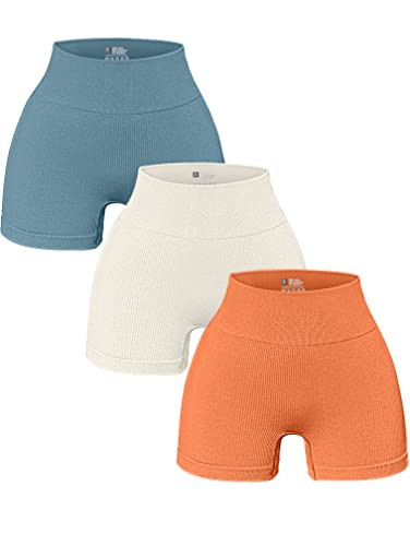 OQQ Women's 3 Piece Yoga Shorts Ribbed Seamless Workout High Waist Athletic Leggings Blue Beige Orange | Amazon (US)
