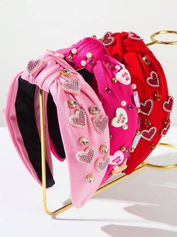 1pc Korean Style Solid Color Fabric Knotted Wide Headband With Rhinestone Heart Decor, Hair Acces... | SHEIN