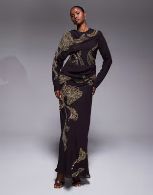 ASOS DESIGN drape shoulder embellished pleated maxi dress in chocolate | ASOS (Global)