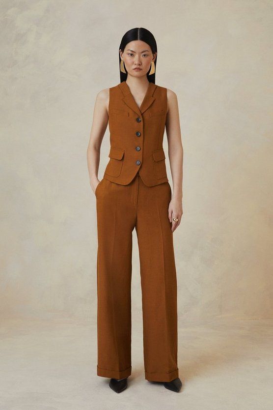 Petite The Founder Premium Tailored Tencel Linen Straight Trousers | Karen Millen UK + IE + DE + NL