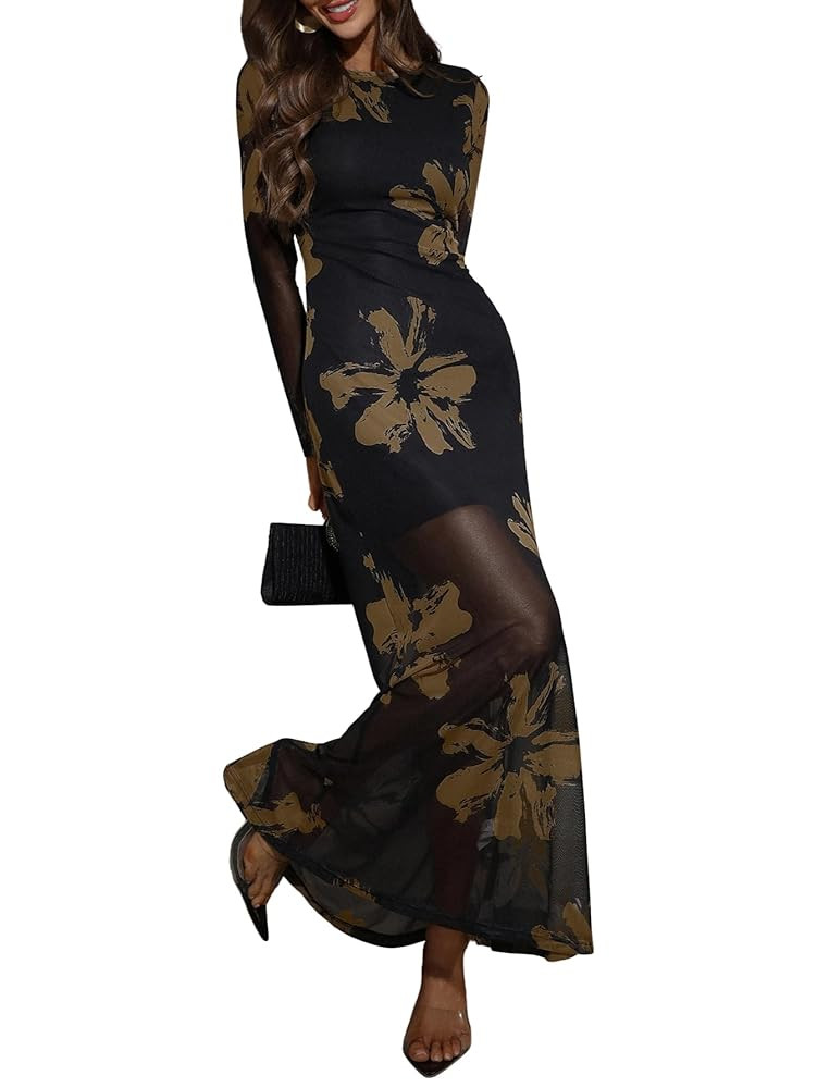 Verdusa Women's Floral Mesh Maxi Dresses Long Sleeve Elegant Formal Wedding Guest Dress Cocktail ... | Amazon (US)