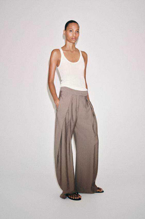 Zara - Zw Collection Wide Leg Pleated Pants - Women - Navy Blue - Women | Zara US
