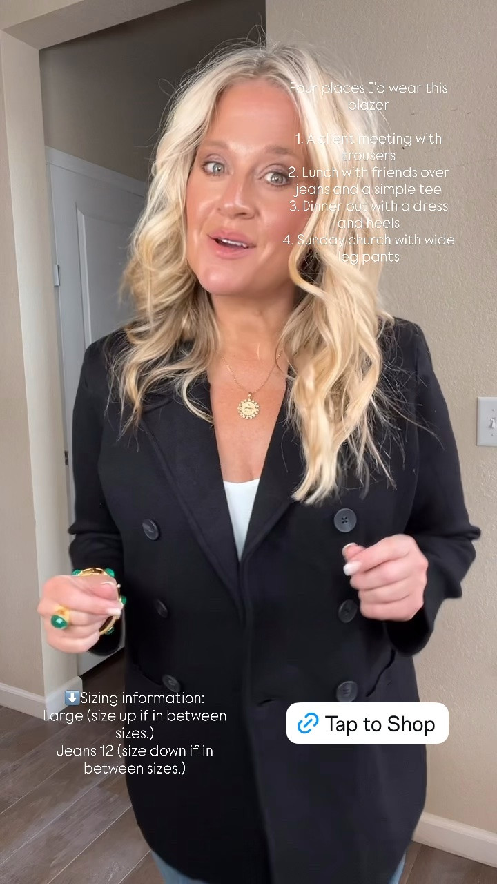✨Tap the bell, save and ❤️ start here over 40 fashion, midlife style, midsize fashion and luxury looks for less.  

⬇️Sizing information:
Large tts (size up if in between sizes.) 
Jeans 12 (size down if in between sizes.)

Four places I’d wear this blazer

1. A client meeting with trousers
2. Lunch with friends over jeans and a simple tee
3. Dinner out with a dress and heels
4. Sunday church with wide leg pants

The blazer that makes jeans look intentional. 👀

The peak lapels and structured shoulders create Lift, while the princess seams give it shape. It’s made from a soft double-knit fabric, so I get that polished blazer look without the stiff feel.

I’d wear this from a work meeting straight to dinner. Which of the four looks would you try first?

👑 Helping you look good, feel good.-Lindsey Denver   Check back daily for belly-friendly style, confidence, and Outfit Physics™.

#LTKOver40 #LTKMidsize #LTKPlusSize

Comment SHOP below to receive a DM with the link to this post on my LTK ⬇ https://liketk.it/6ojhf