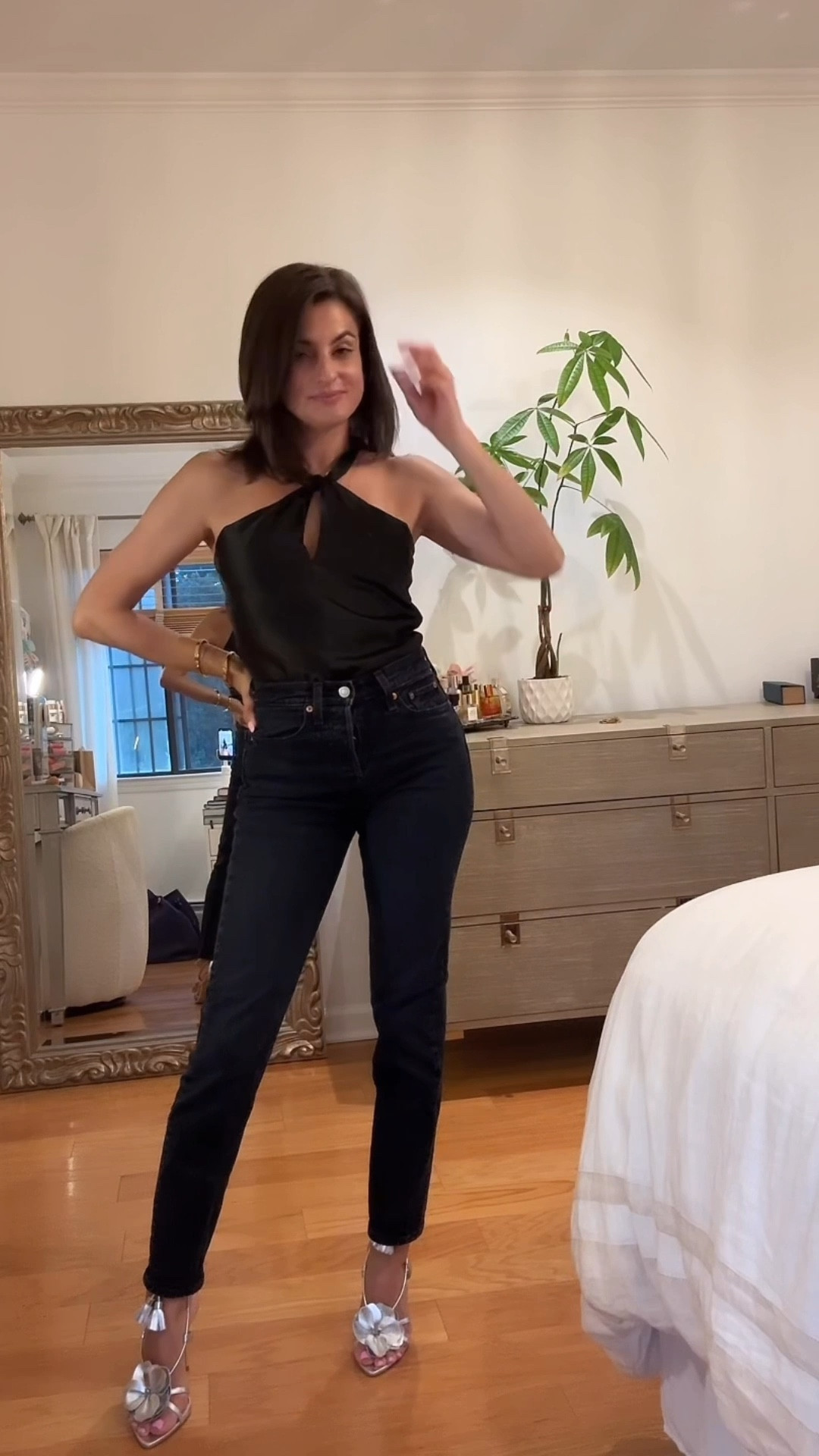 Filthy martini night outfit all black and silver flower heels 