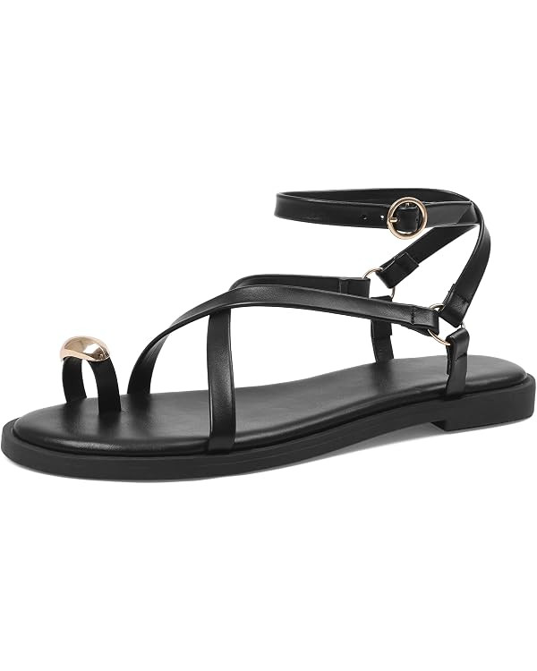 Womens Strappy Flat Sandals Open Toe Ring Buckle Flip Flops Casual Summer Flats Shoes for Everyda... | Amazon (US)