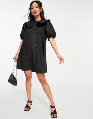 River Island poplin oversized collared mini shirt dress in black | ASOS (Global)