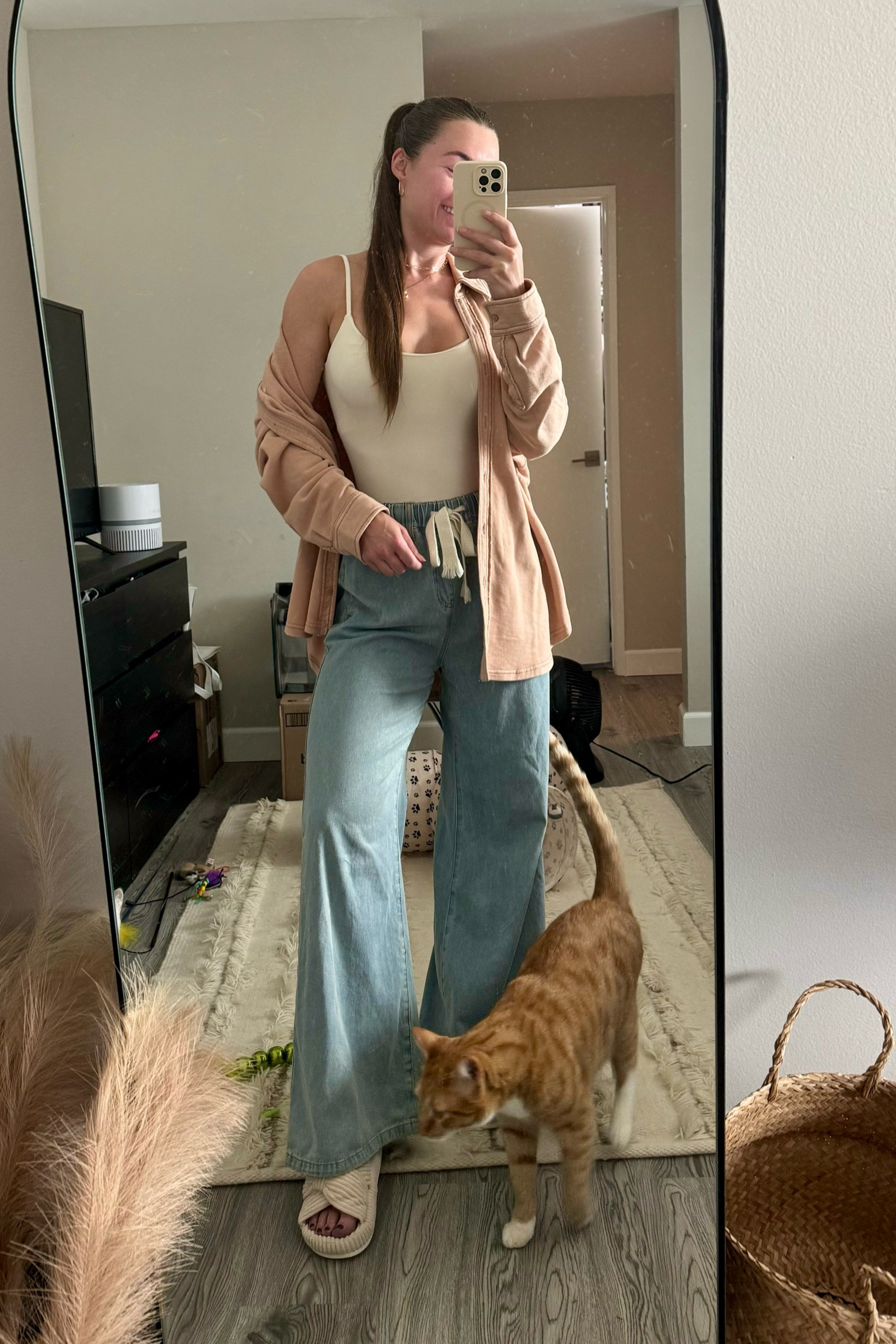 Matching my boy today 🐈 

Comfy & casual in this super soft cream bodysuit paired with my favorite wide leg pants from Cider & this toasted coconut colored fleece from Aerie.

Size medium in the bodysuit and small (4) in the pants. Small in the fleece. 

#LTKSeasonal #LTKStyleTip #LTKFindsUnder50