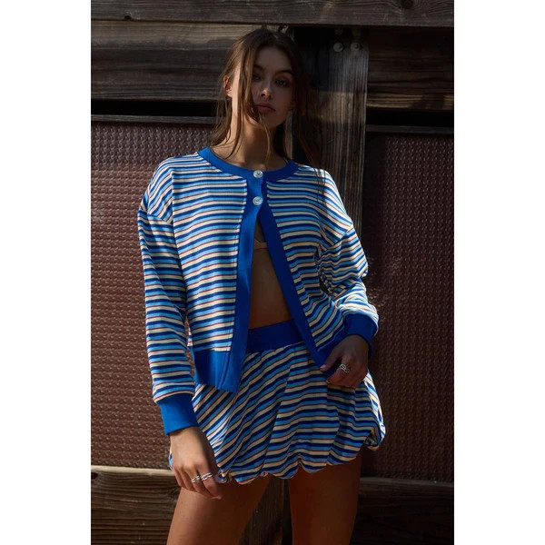 Vibrant Multi-Stripe Dual-Button Knit Cardigan With Bubble Skirt | Southern Roots Clothing Co.
