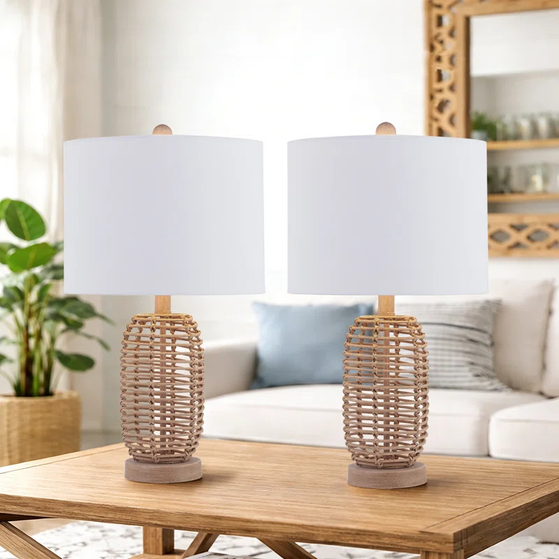 Arcola 21" Bedside Natural Rattan Table Lamp Set - Modern Vintage Accent Lamps for Bedroom Nights... | Wayfair North America