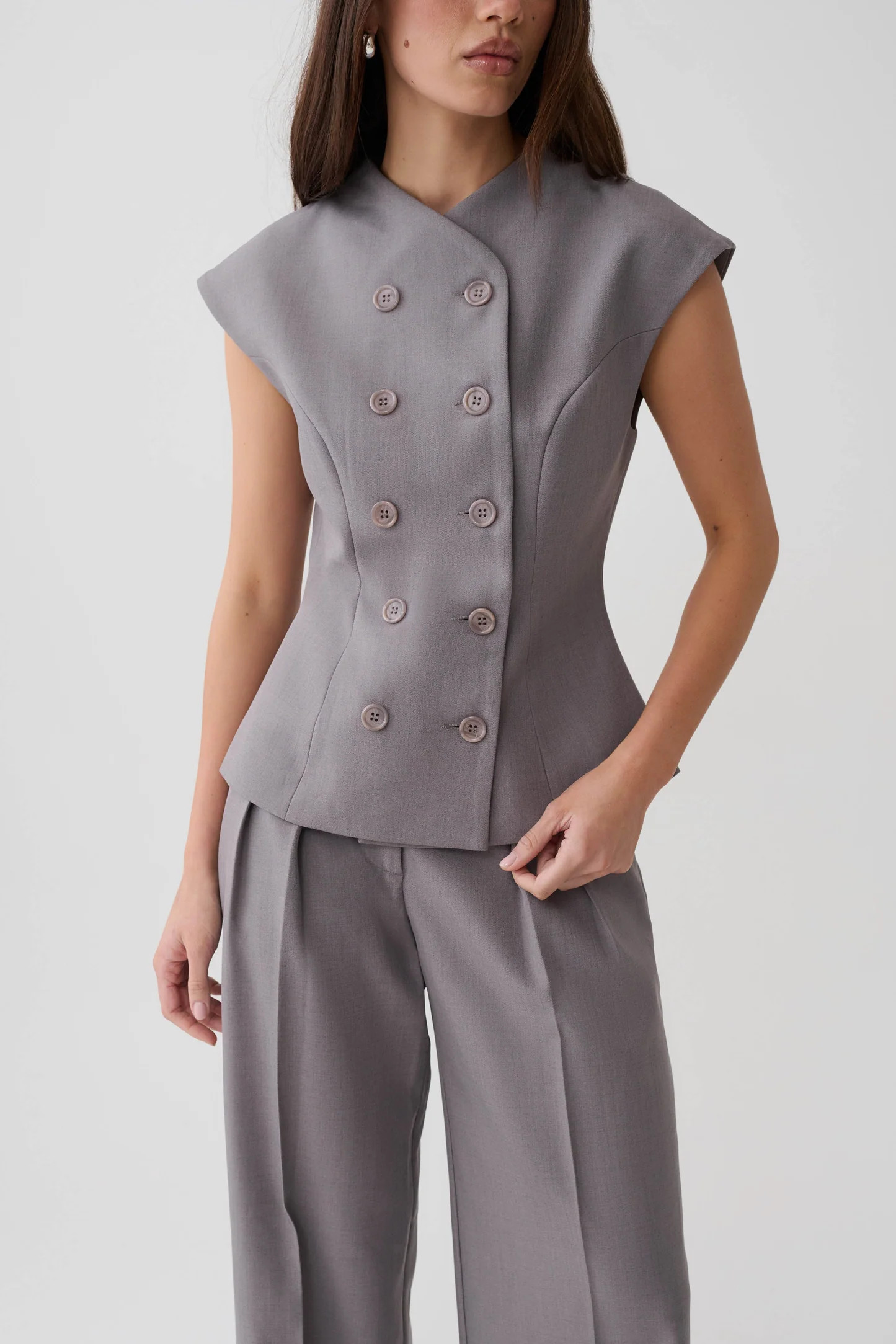 Phoebe Double Breasted Vest - Light Grey Marle | Meshki UK