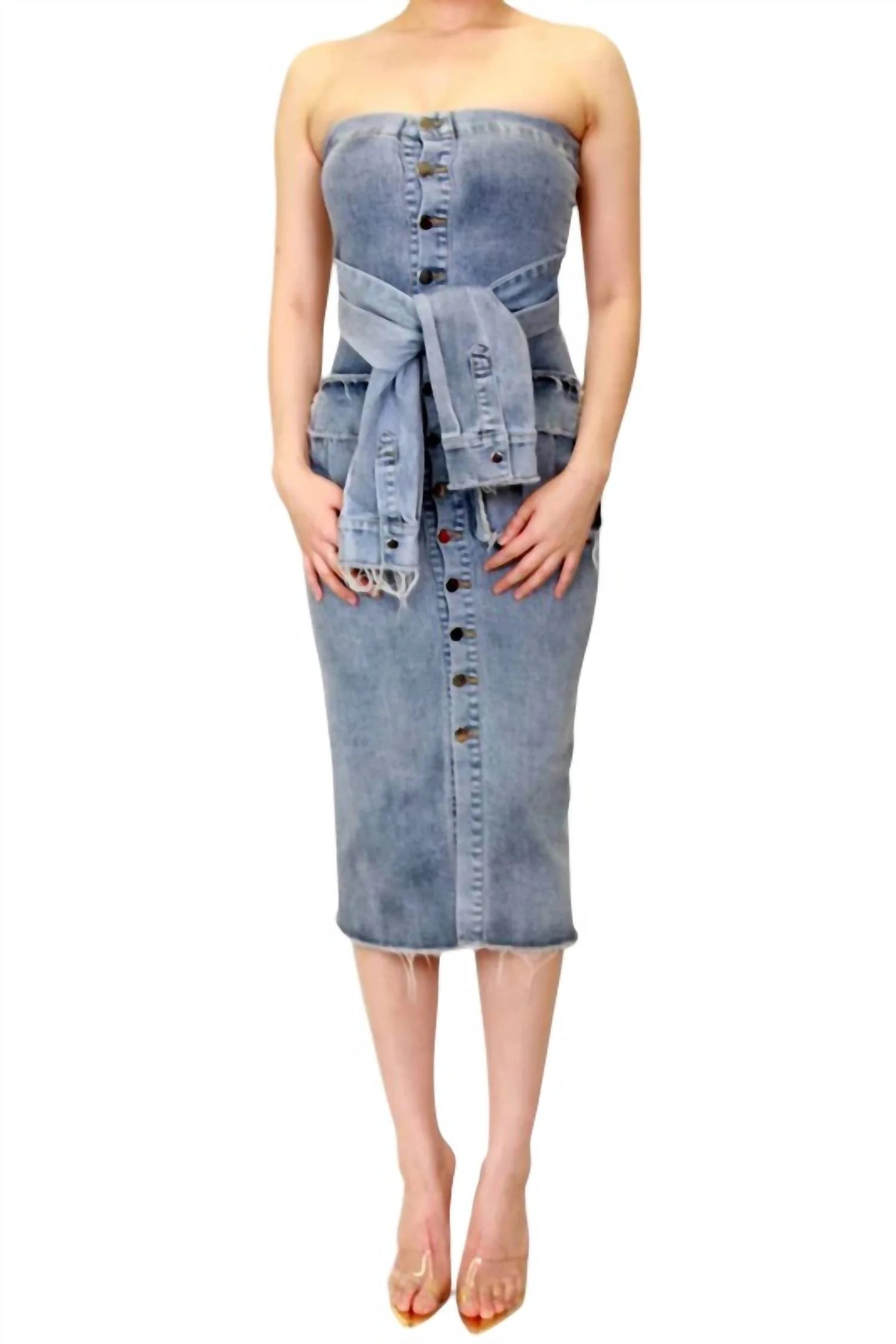 Strapless Dress With Tie In Denim | Shop Simon