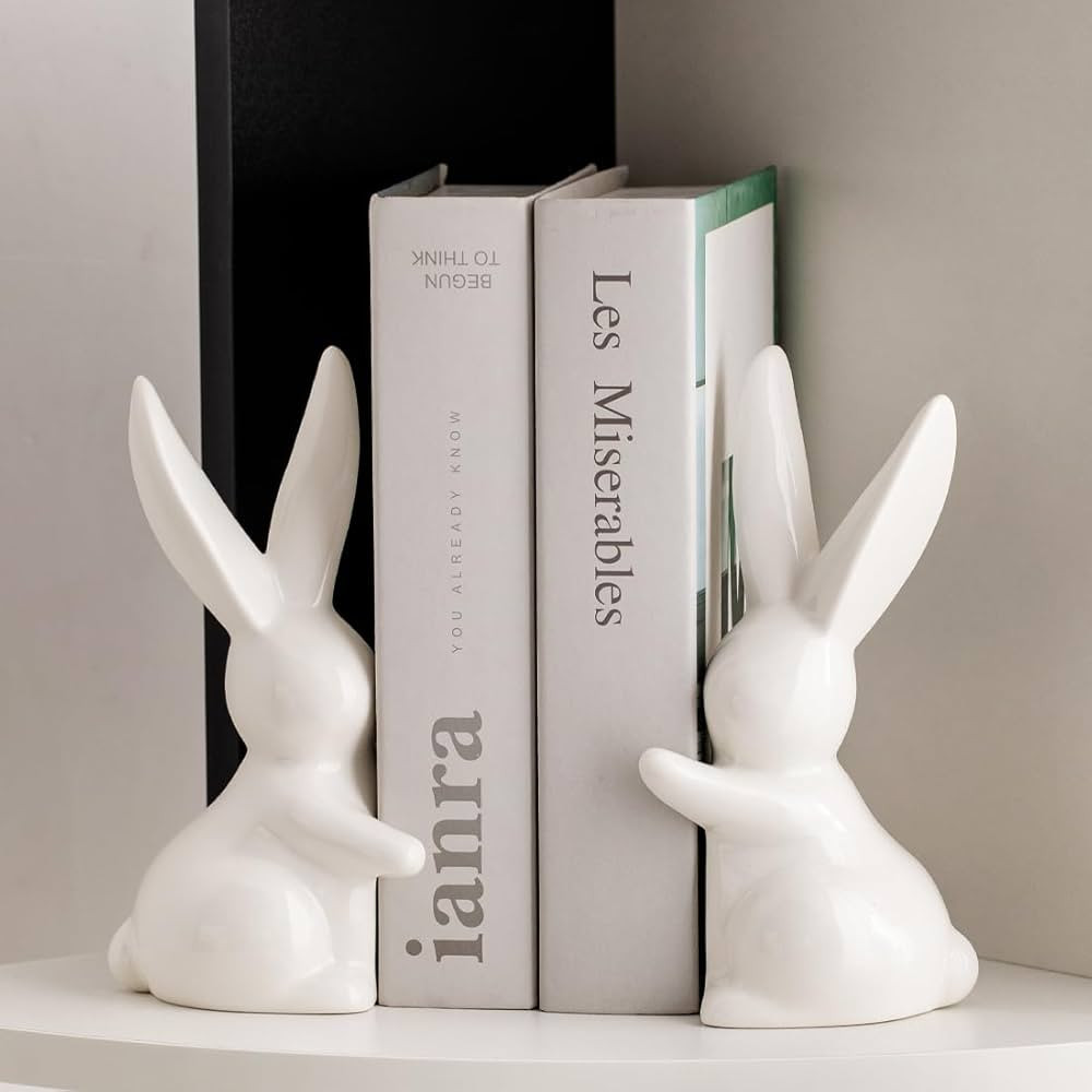 Decorative Ceramic Book Ends, Quirky Rabbit Bookends, Bunny Book Holders Stopper for Shelves Art ... | Amazon (US)