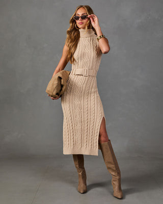 Taylor Belted Cable Knit Turtleneck Maxi Dress Beige / L | VICI