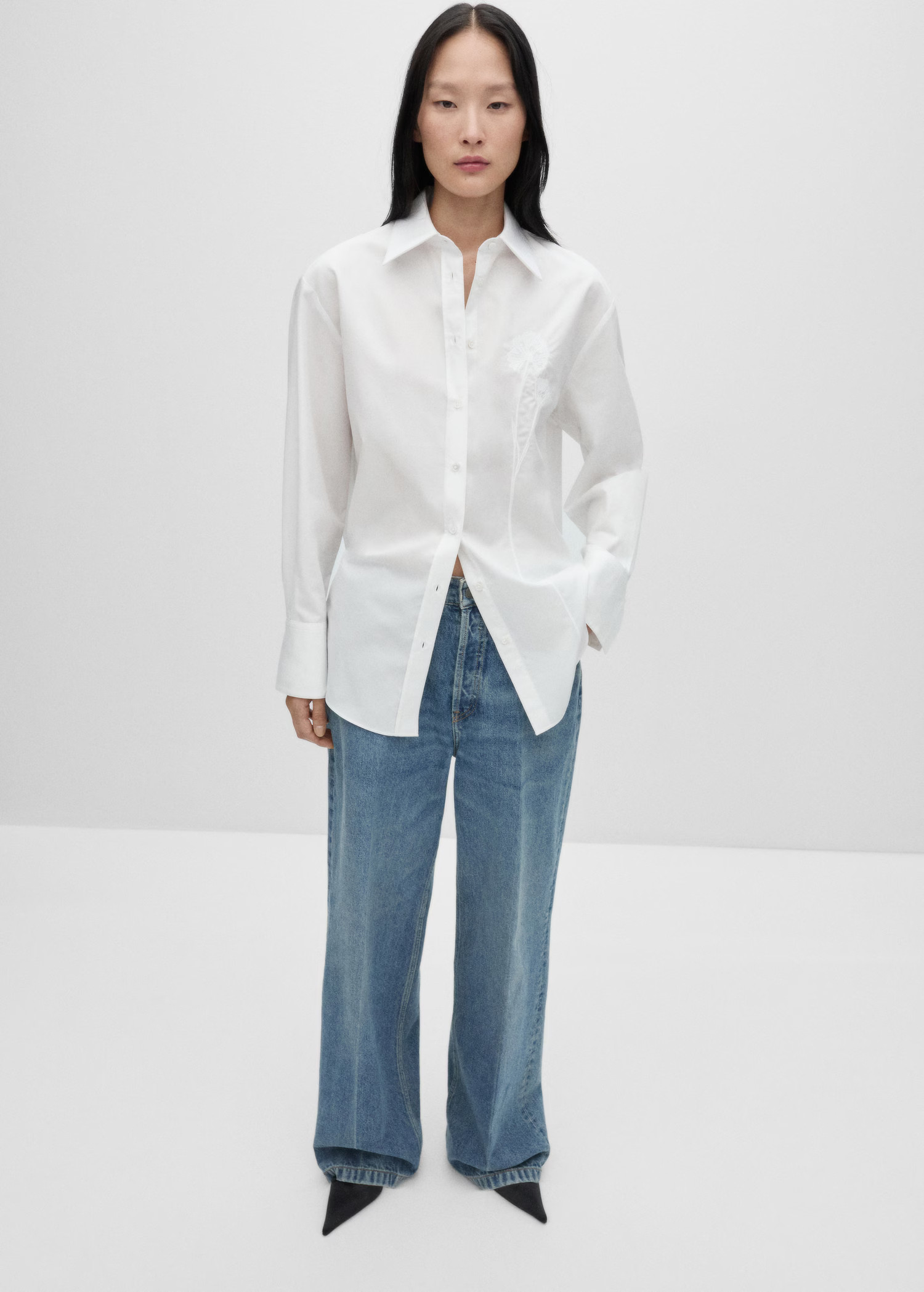Oversized poplin shirt with embroidery detail - Women | MANGO USA | Mango (US/MX/AU)
