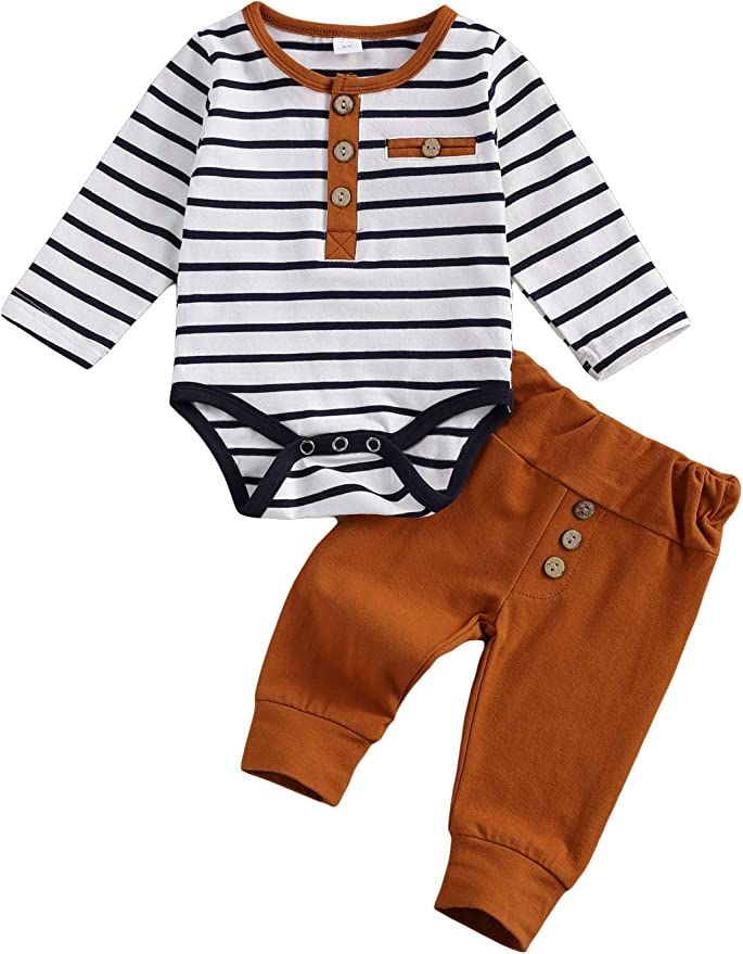 2Pcs/Set Newborn Baby Boys Outfit Long Sleeve Striped Bodysuit Romper Solid Pants Fall Winter Clo... | Amazon (US)