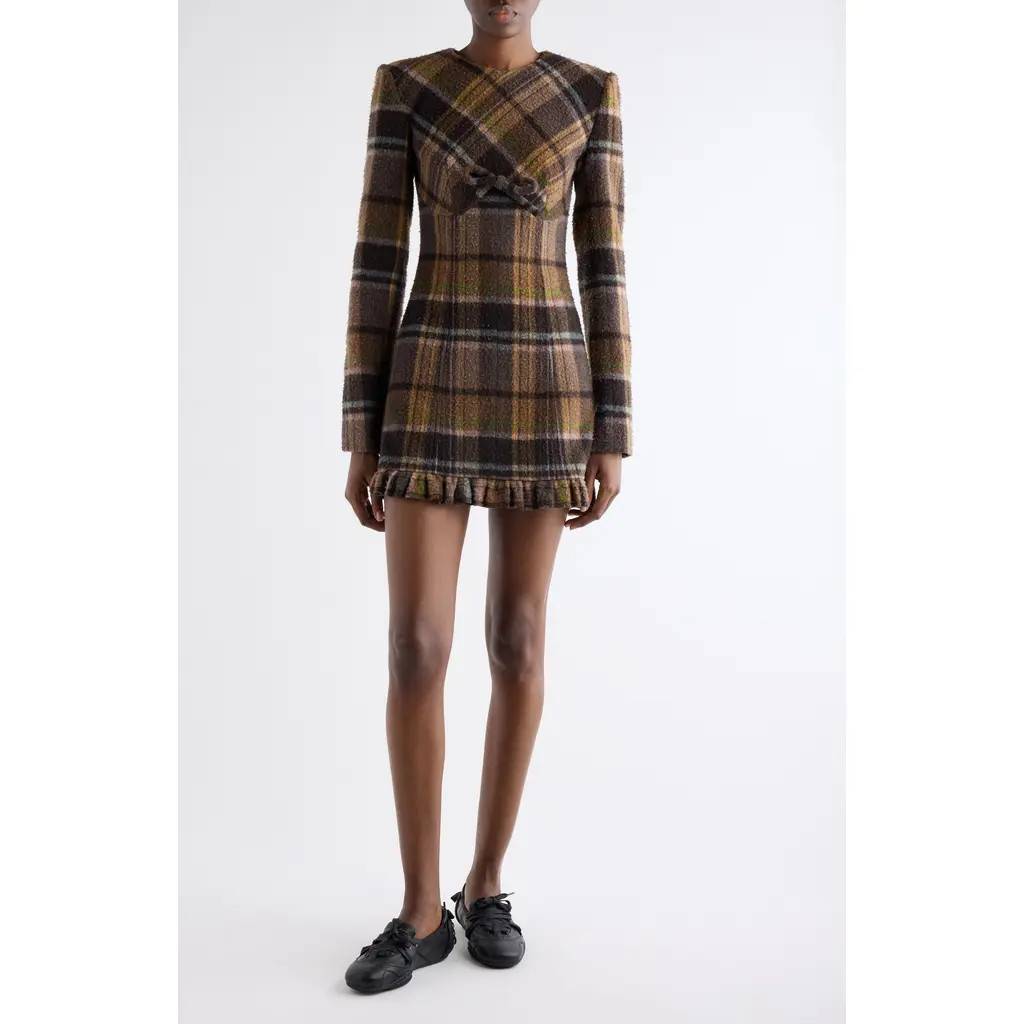 Acne Studios Delfin Plaid Long Sleeve Wool Blend Minidress in Multi Brown at Nordstrom Rack, Size 6 Us / 38 Eu | Nordstrom Rack