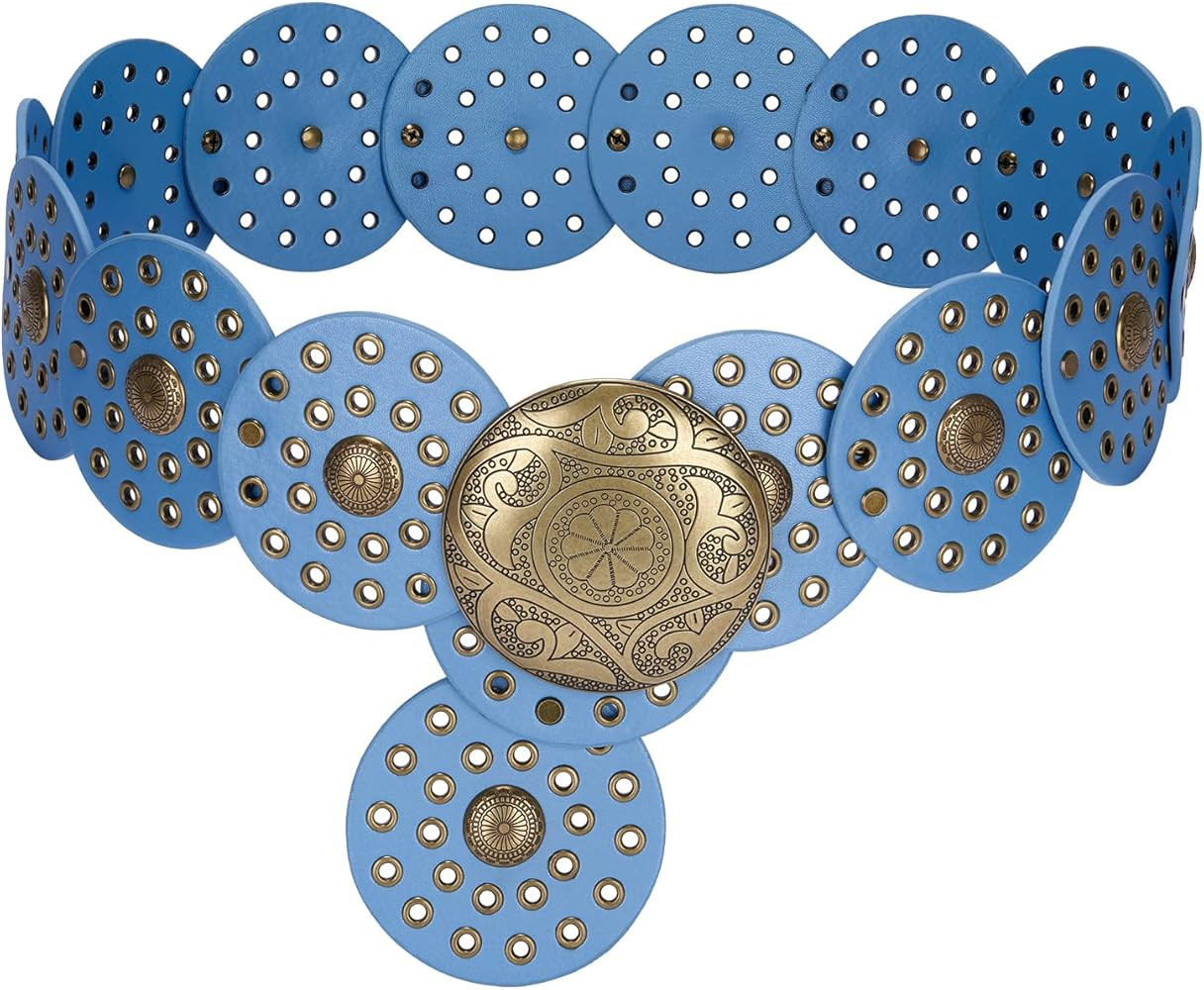 Western Leather Belts for Women Boho Waist Belt Cowgirl Disc Belts for Dress | Amazon (US)