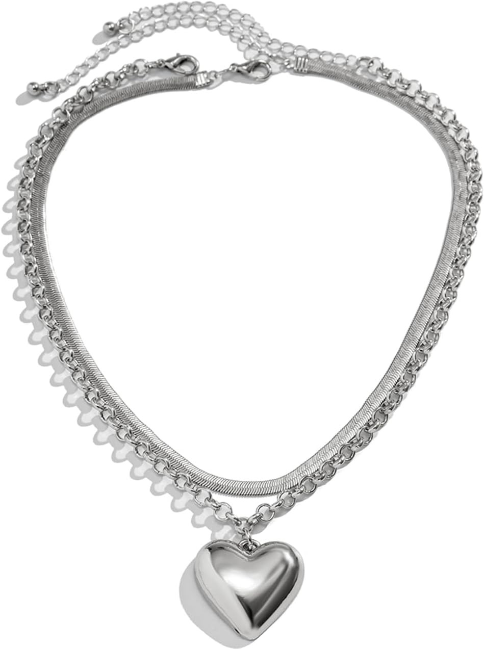 XUEZHIBAO Layered Chunky Heart Choker Necklace - Gold Plated Heart Pendant Herringbone Snake Chai... | Amazon (US)